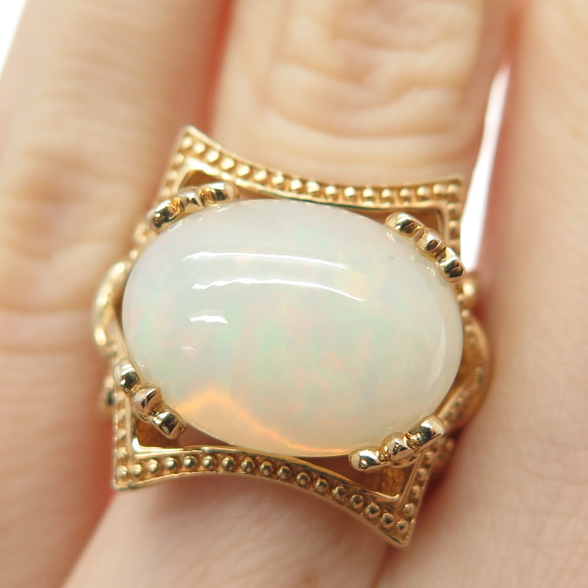 DALLAS PRINCE 925 Sterling Silver Gold Plated Real Cabochon Opal Ring Size 5.5