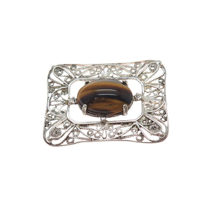 925 Sterling Silver Vintage Real Tiger Eye Floral Filigree Slide Pendant