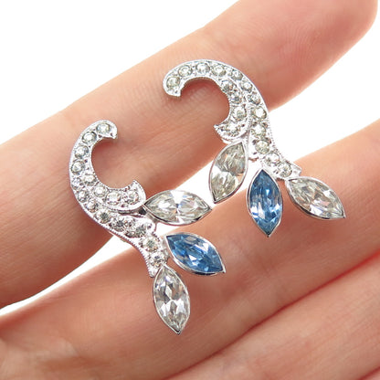 925 Sterling Silver Antique Art Deco Blue & White Rhinestone Screw Back Earrings