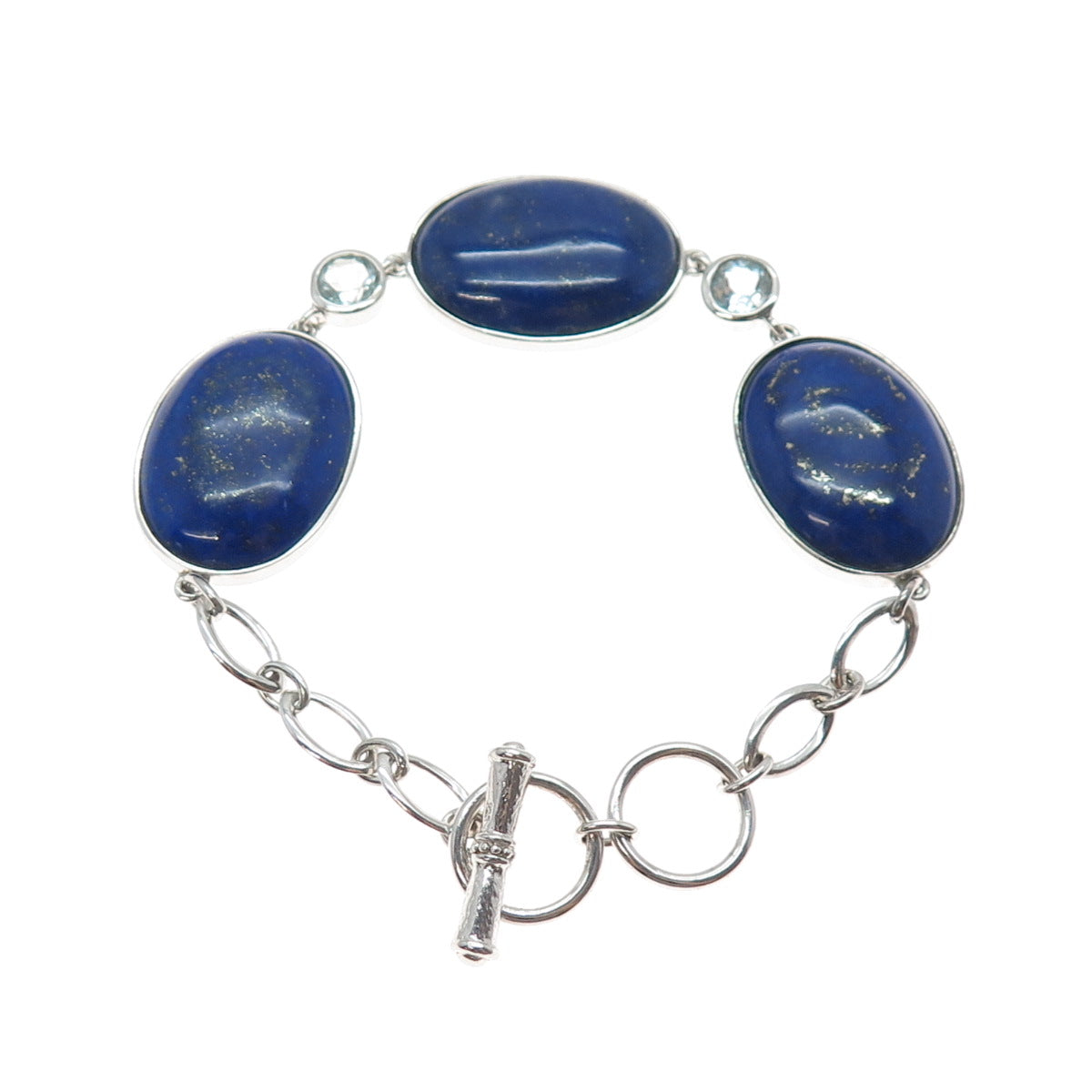 925 Sterling Silver Vintage J&T Real Lapis Lazuli Station Link Bracelet 6.5-7"