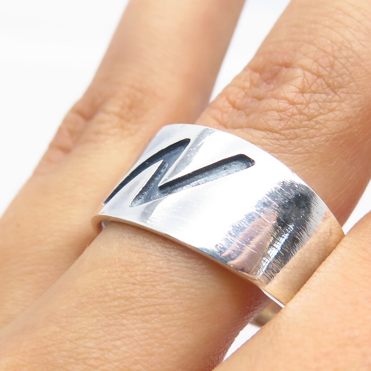 925 Sterling Silver Vintage Mexico Letter "N" Initial / Lightning Ring Size 12.5