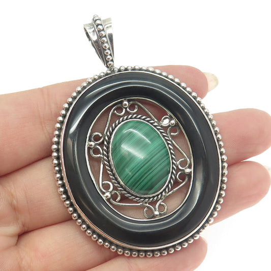 MERAV 925 Sterling Silver Vintage Real Black Onyx & Malachite Oval Pendant