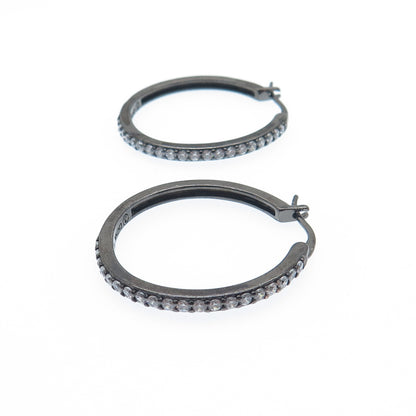 925 Sterling Silver Black Rhodium Round-Cut C Z Hoop Earrings