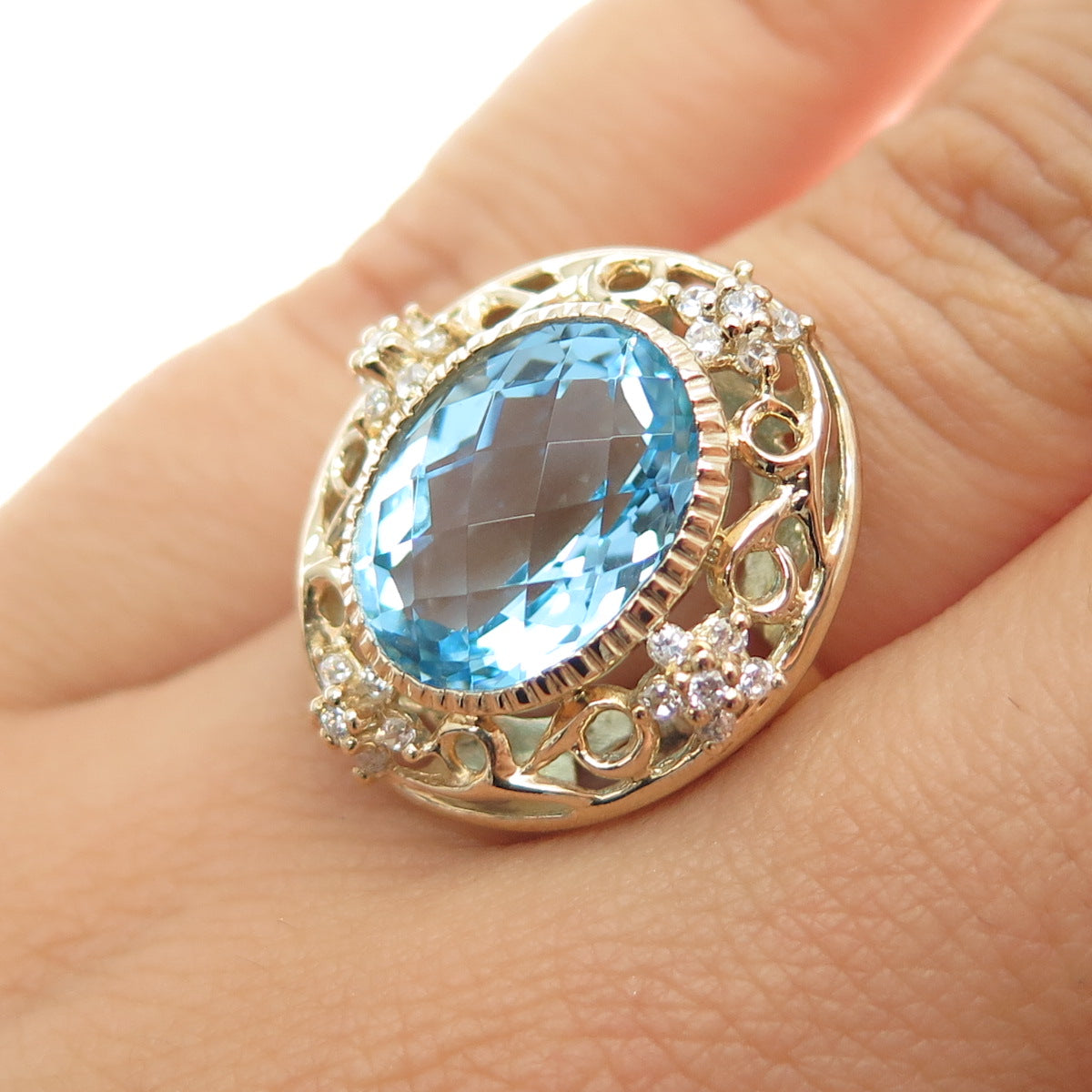 925 Sterling Silver Gold Plated Real Blue Topaz & C Z Ring Size 6.25