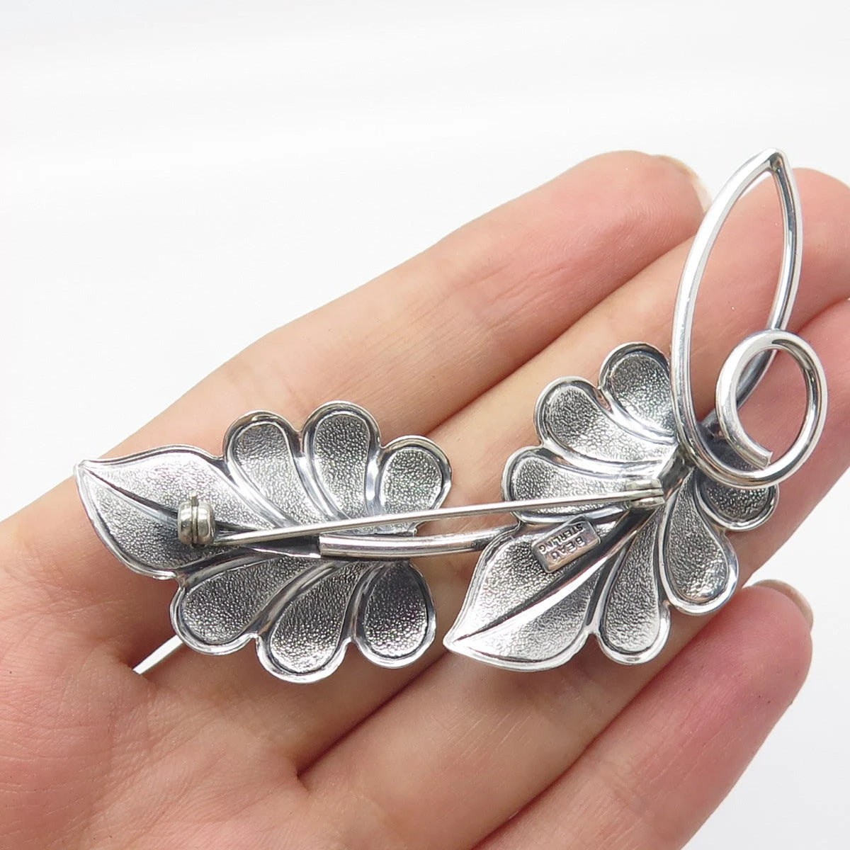 925 Sterling Silver Vintage Beau Double Leaf Large Pin Brooch