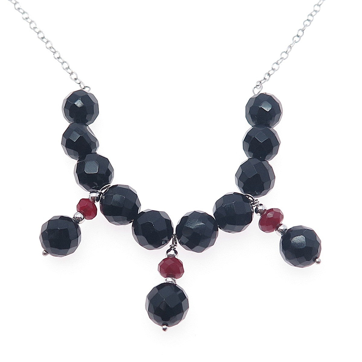 925 Sterling Silver Real Black Onyx & Carnelian Beaded Chain Necklace 16-18"