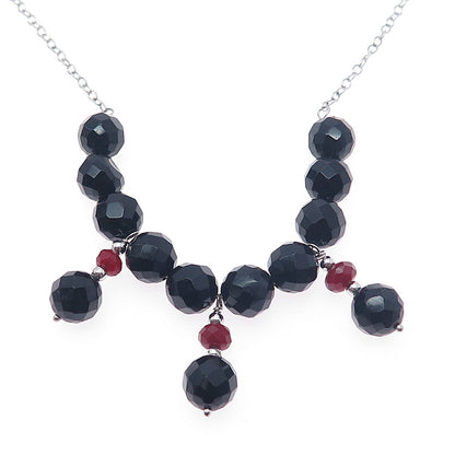 925 Sterling Silver Real Black Onyx & Carnelian Beaded Chain Necklace 16-18"