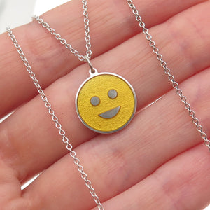 925 Sterling Silver Yellow Enamel Smiling Face Emoji Cable Chain Necklace 18"