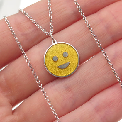 925 Sterling Silver Yellow Enamel Smiling Face Emoji Cable Chain Necklace 18"