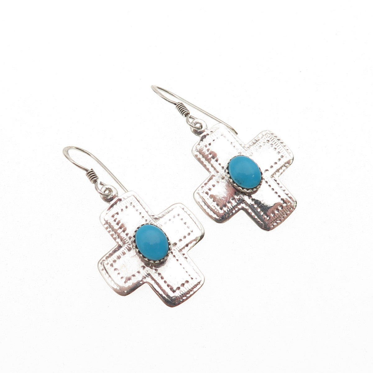 Sidney Evan 925 Sterling Silver Vintage Real Turquoise Cross Dangle Earrings