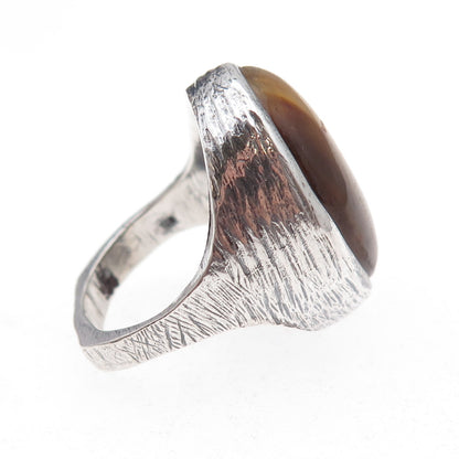 925 Sterling Silver Vintage Real Tiger Eye Modernist Oxidized Ring Size 10