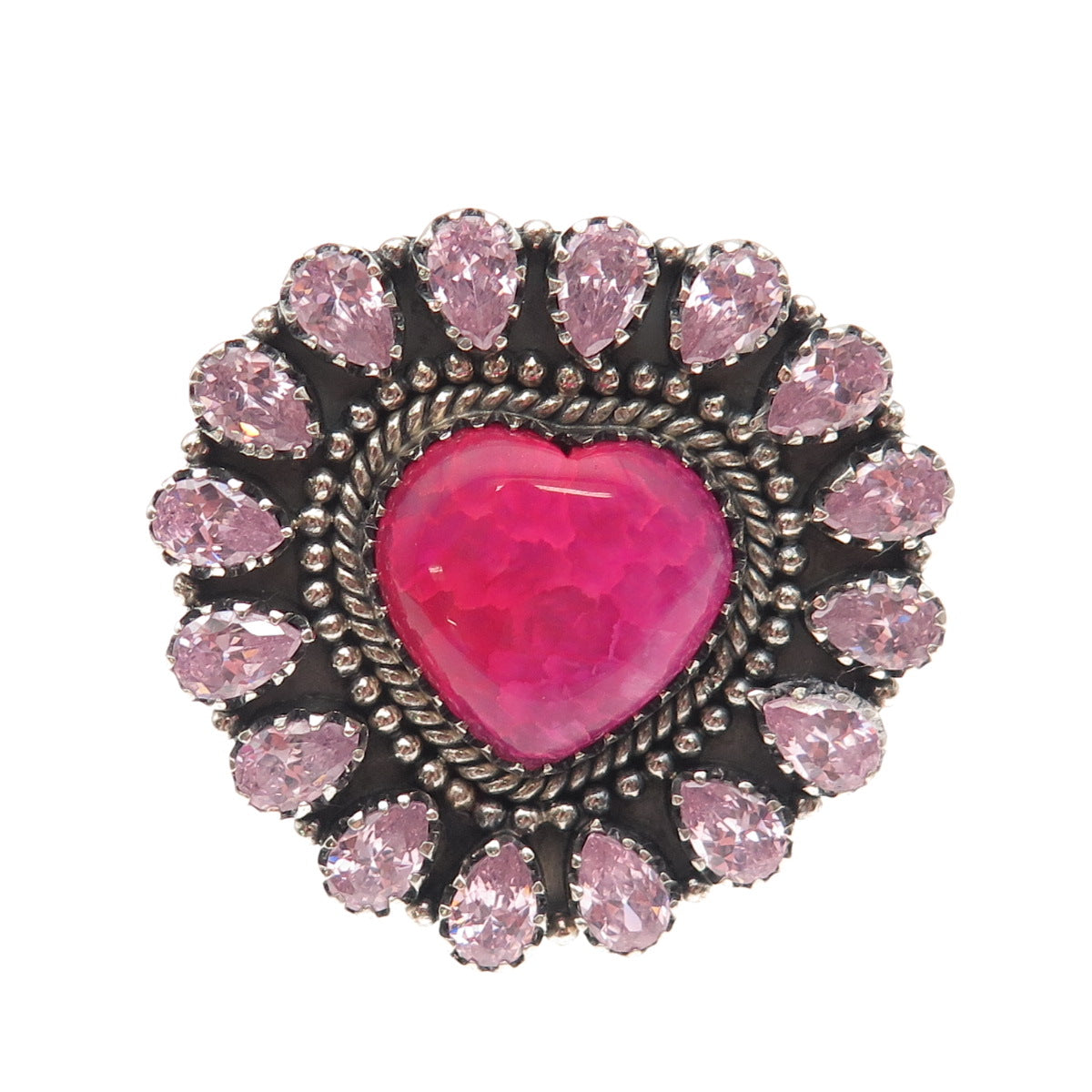 925 Sterling Silver Vintage Real Pink Agate & C Z Heart Adjustable Ring Size 9