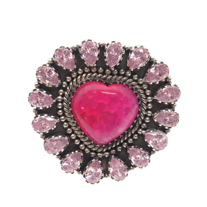 925 Sterling Silver Vintage Real Pink Agate & C Z Heart Adjustable Ring Size 9