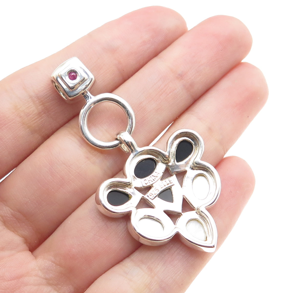 ELLE 925 Sterling Silver Vintage Real Ruby Black Onyx & MOP Slide Charm Pendant