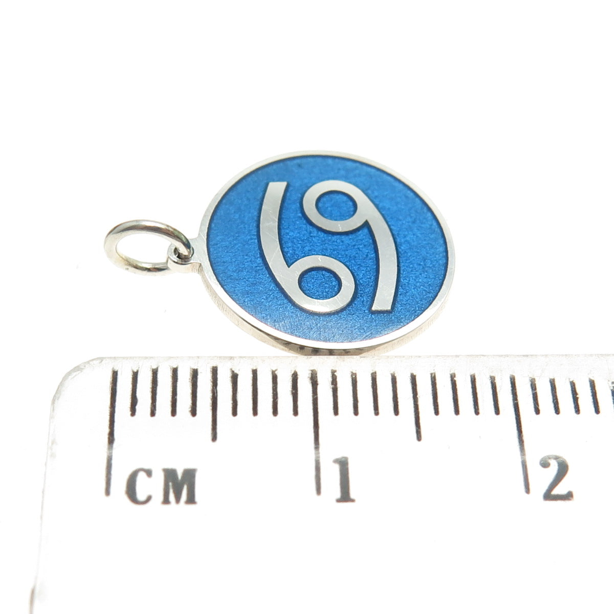 925 Sterling Silver Blue Enamel Cancer Zodiac Round Tag Minimalist Charm Pendant