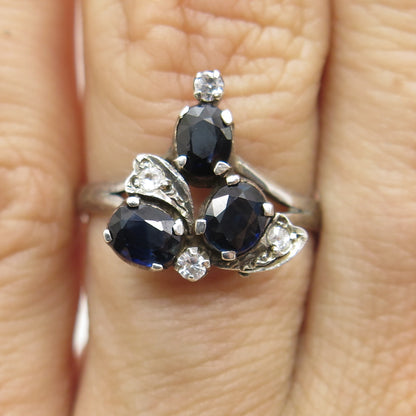 925 Sterling Silver Real Oval-Cut Sapphire & C Z Ring Size 6