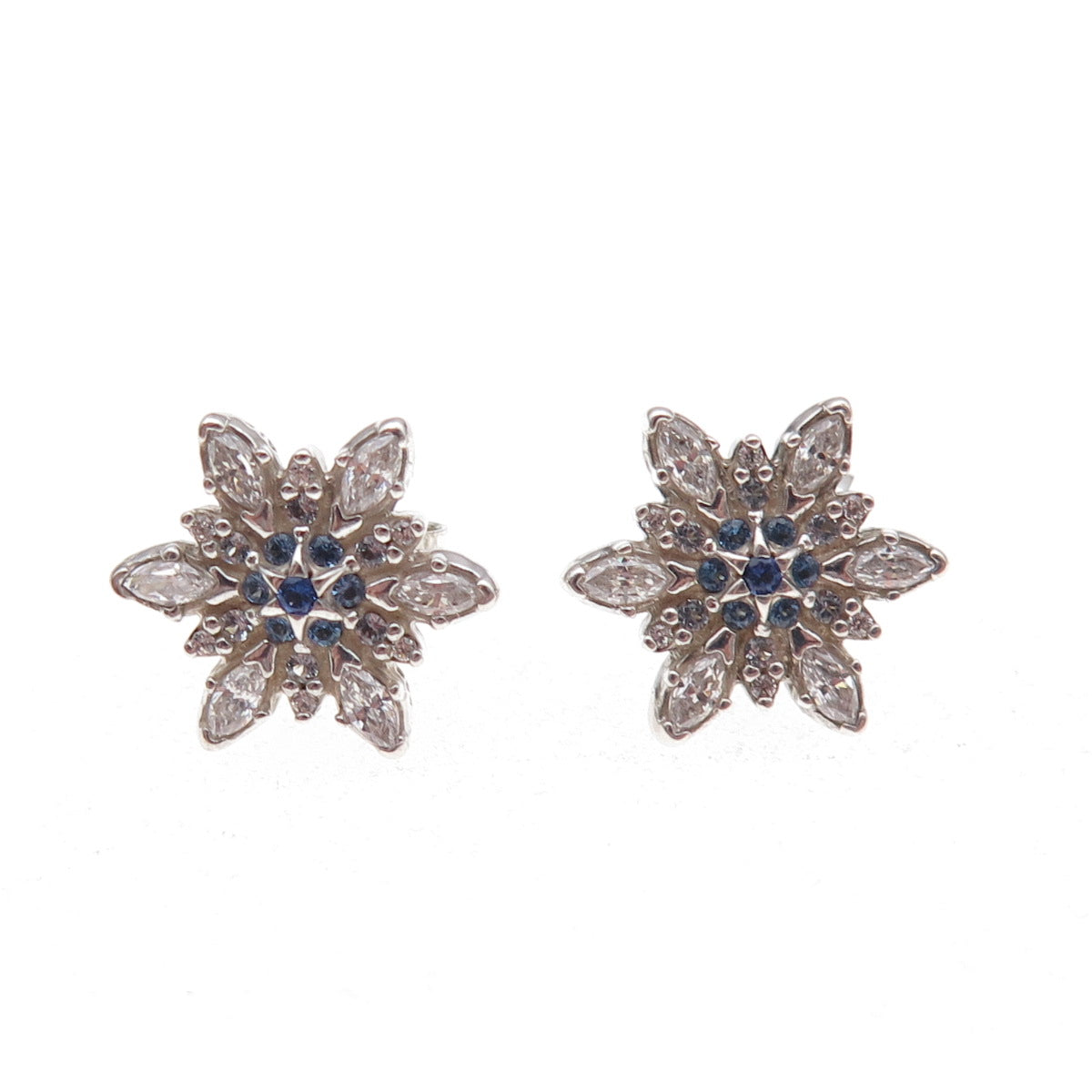 Pandora 925 Sterling Silver Blue & White C Z Snowflake Stud Earrings