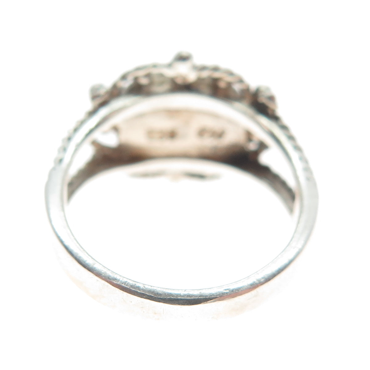 925 Sterling Silver Vintage Real Abalone Shell Modernist Beaded Ring Size 5.25