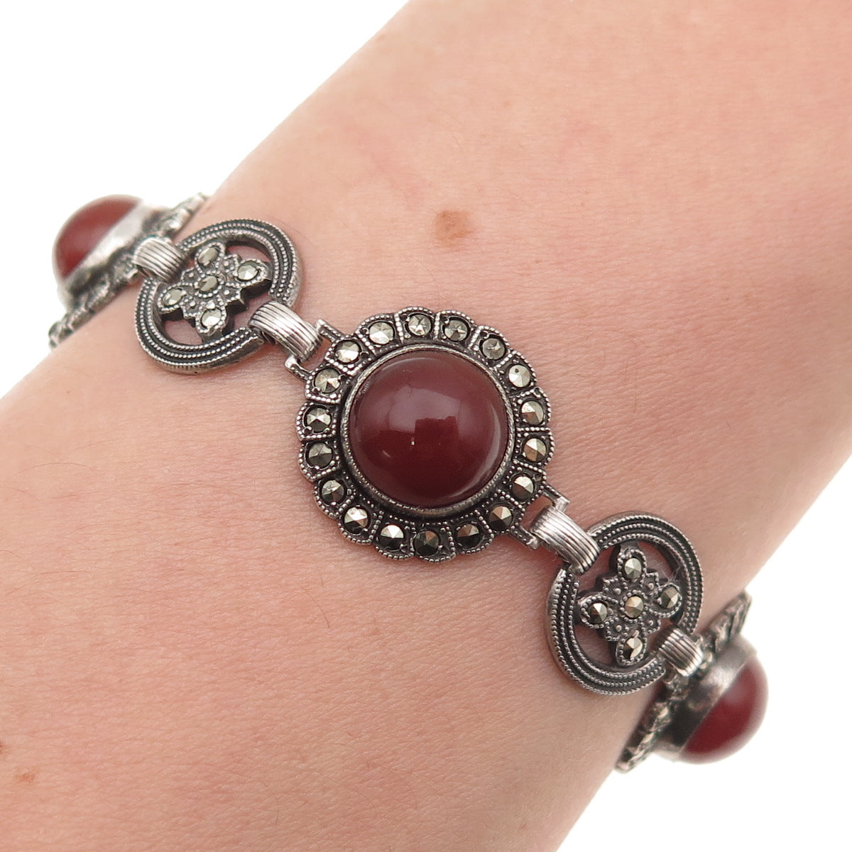 925 Sterling Antique Real Carnelian & Marcasite Bracelet 7.5" (missing 2 stones)