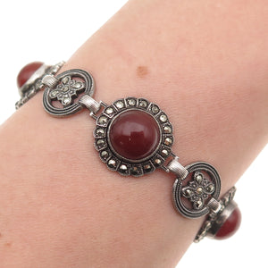 925 Sterling Antique Real Carnelian & Marcasite Bracelet 7.5" (missing 2 stones)