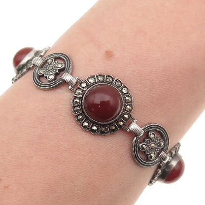 925 Sterling Antique Real Carnelian & Marcasite Bracelet 7.5" (missing 2 stones)