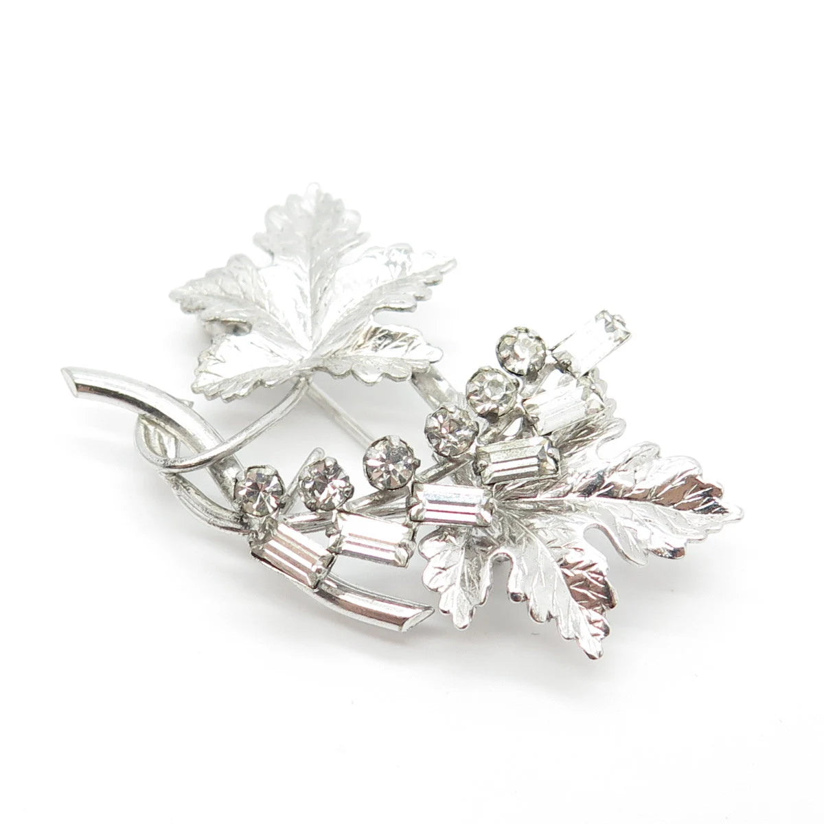 925 Sterling Silver Vintage Carl Art Rhinestone Leaves Pin Brooch