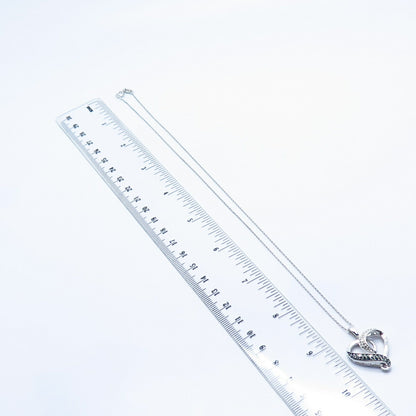 925 Sterling Silver Italy White Blue Diamond Open Heart Rolo Chain Necklace 18"