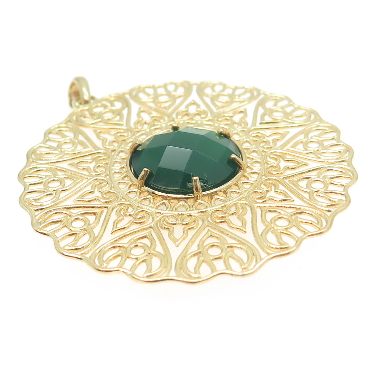 LIRM 925 Sterling Silver Gold Plated Real Green Onyx Fleur de Lis Round Pendant