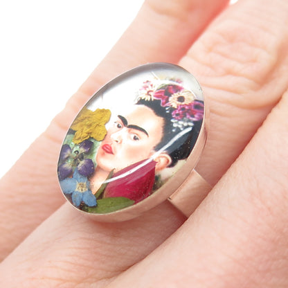 925 Sterling Silver Vintage Enamel Frida Kahlo Pressed Flowers Ring Size 6