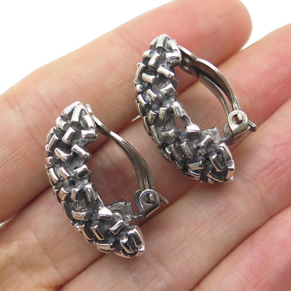 925 Sterling Silver Vintage Mexico Brutalist Oxidized Clip On Earrings