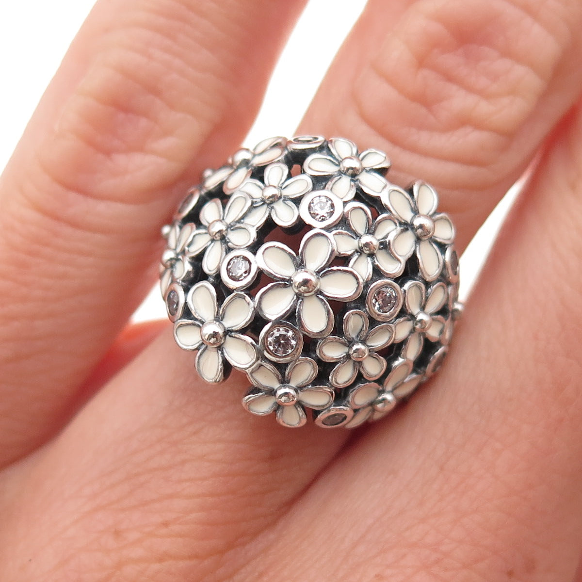 Pandora 925 Sterling Silver Enamel & C Z Darling Daisy Bouquet Ring Size 5.25