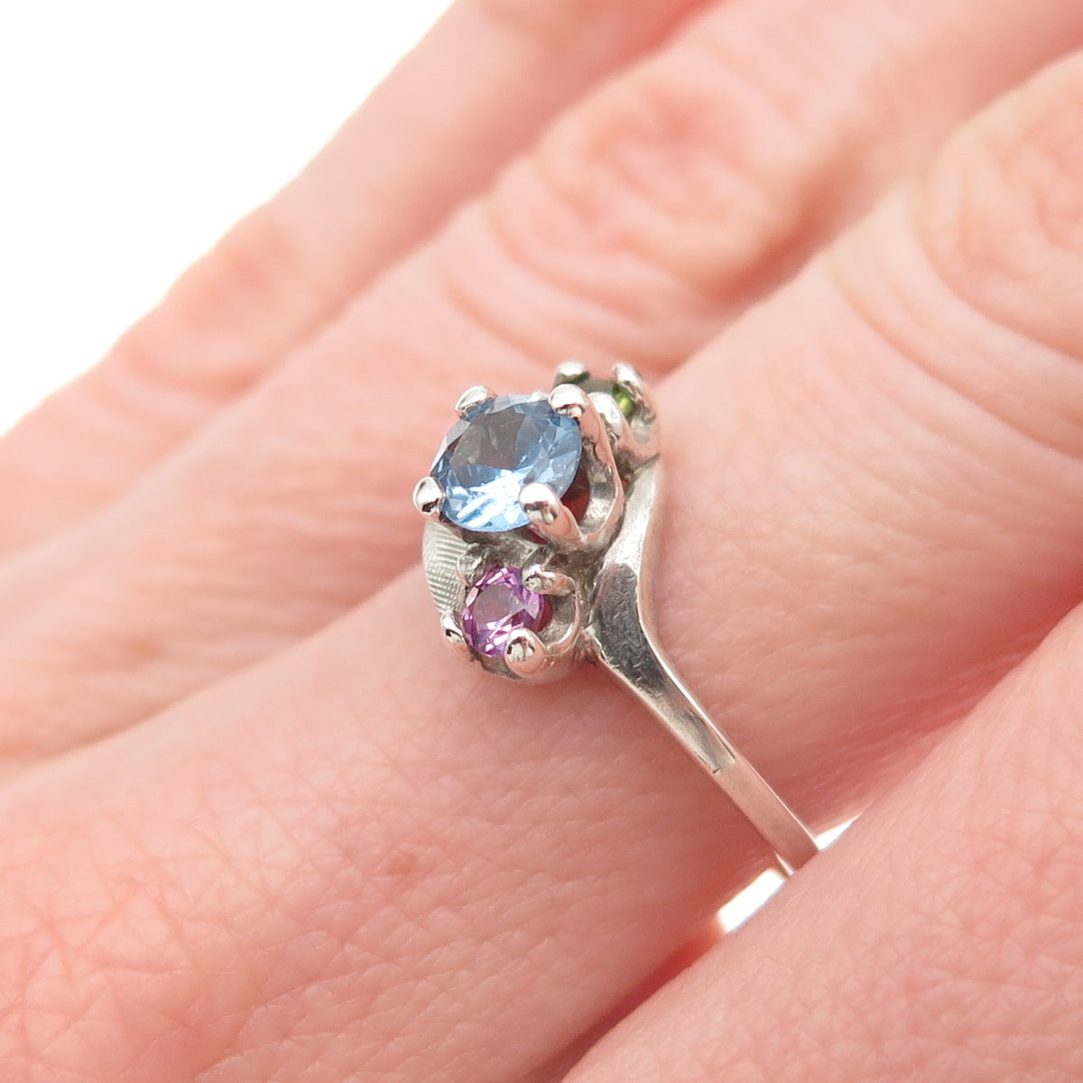 925 Sterling Silver Vintage Real Blue Topaz Amethyst Peridot Bypass Ring Size 7
