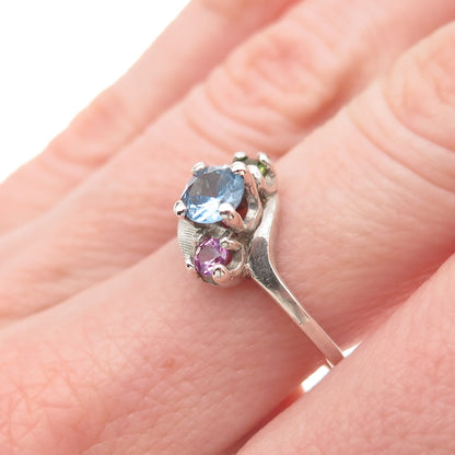 925 Sterling Silver Vintage Real Blue Topaz Amethyst Peridot Bypass Ring Size 7