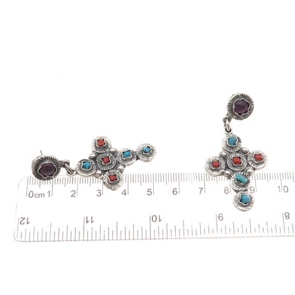 925 Sterling Silver Vintage Mexico Real Turquoise Coral Amethyst Cross Earrings
