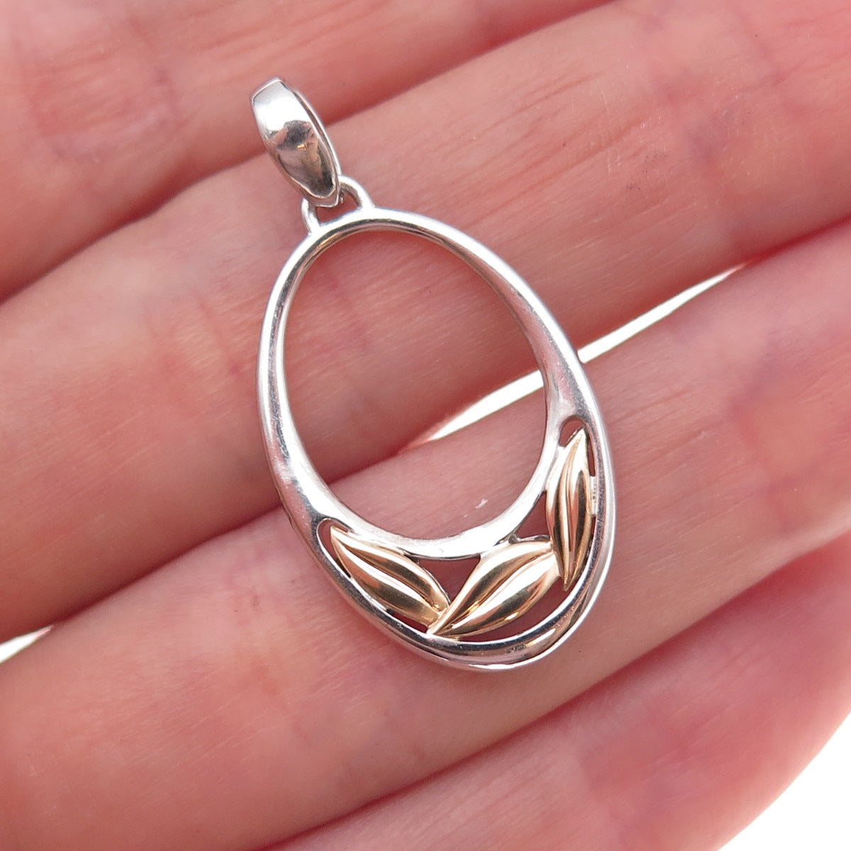 925 Sterling Silver 14K Gold Vintage Modernist Floral Leaf Charm Pendant