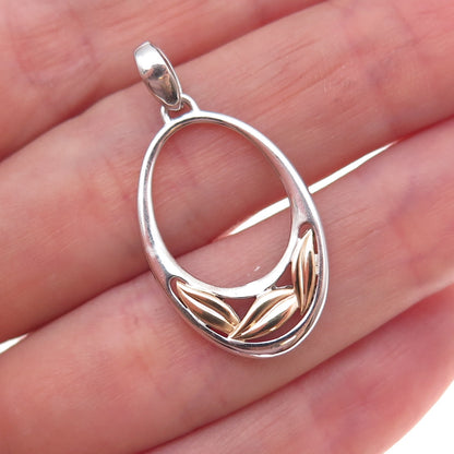 925 Sterling Silver 14K Gold Vintage Modernist Floral Leaf Charm Pendant