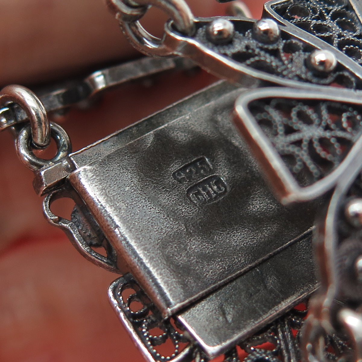 925 Sterling Silver Vintage GHG Artisan Cross Filigree Oxidized Bracelet 7.25"
