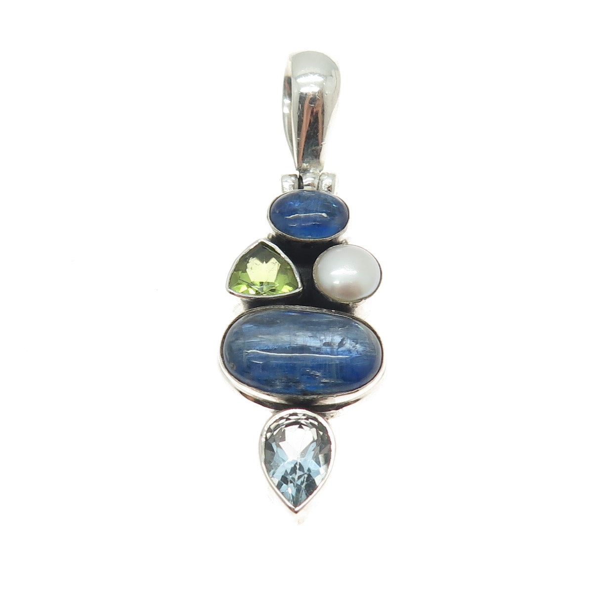 925 Sterling Silver Vintage Real Sapphire Topaz Peridot & Pearl Cluster Pendant