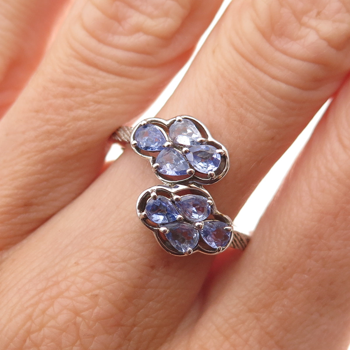 Chuck Clemency 925 Sterling Silver Real Pear-Cut Tanzanite Bypass Ring Size 8.25