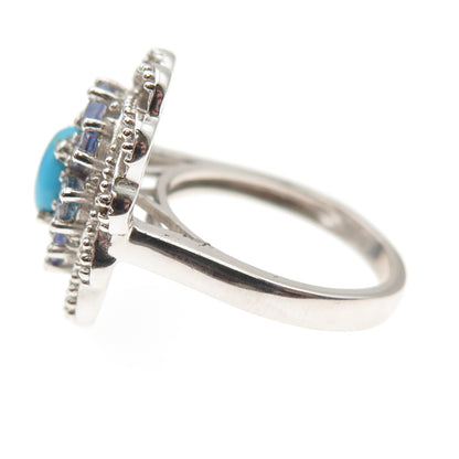 Chuck Clemency 925 Sterling Silver Real Turquoise & Tanzanite Floral Ring Size 6