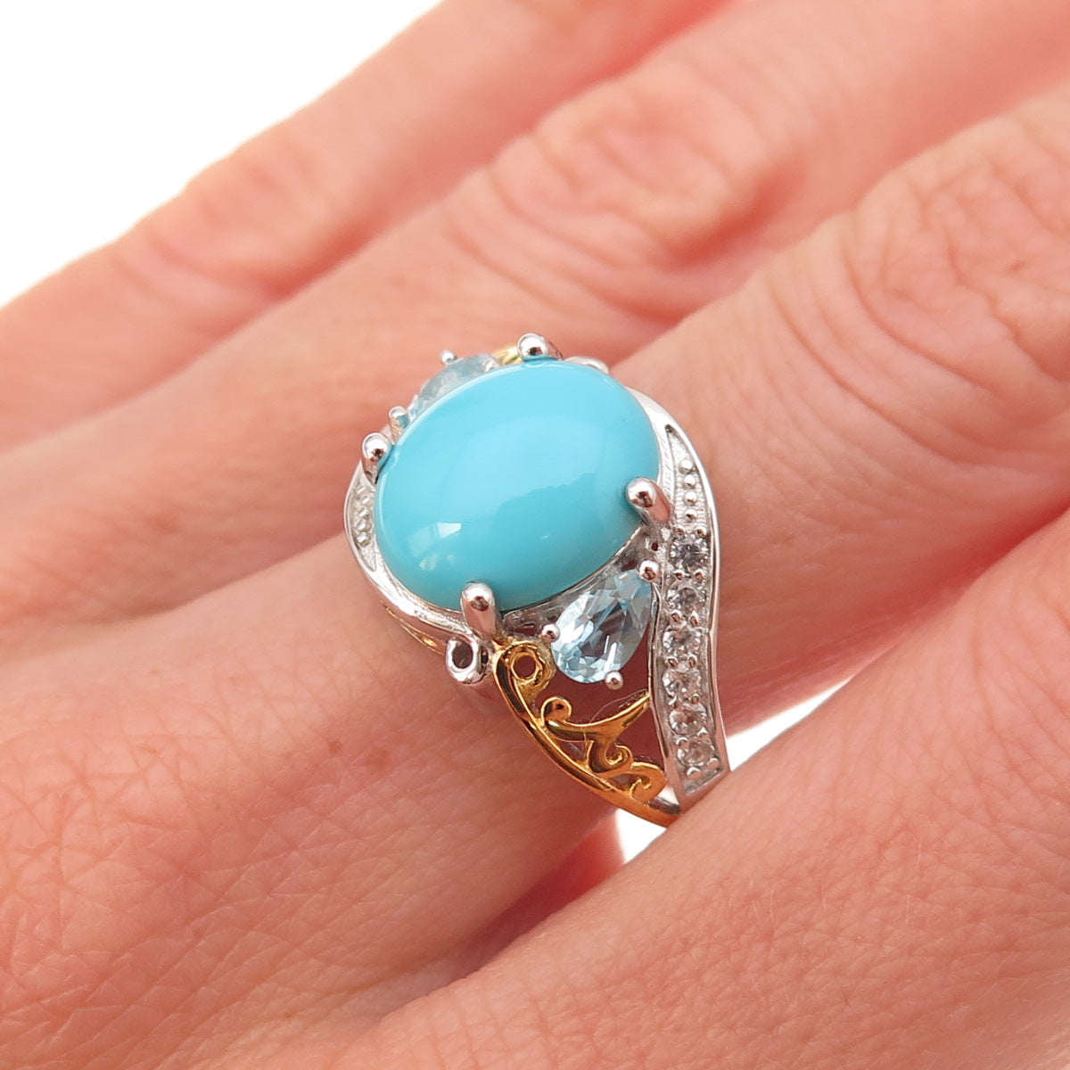 925 Sterling 2-Tone Sleeping Beauty Turquoise Blue & White Topaz Ring Size 8.25