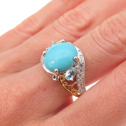 925 Sterling 2-Tone Sleeping Beauty Turquoise Blue & White Topaz Ring Size 8.25