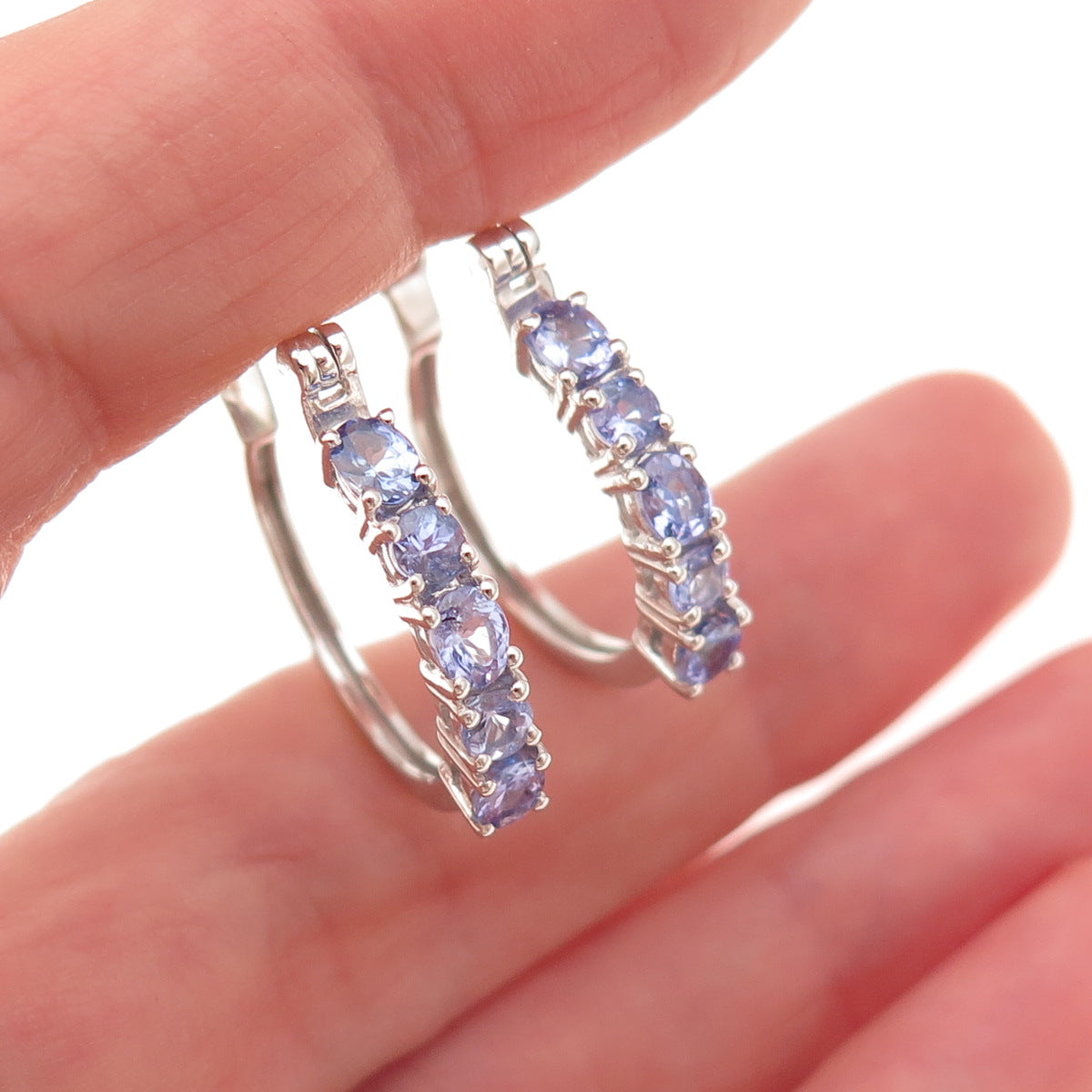 Chuck Clemency 925 Sterling Silver Real Oval & Round-Cut Tanzanite Hoop Earrings