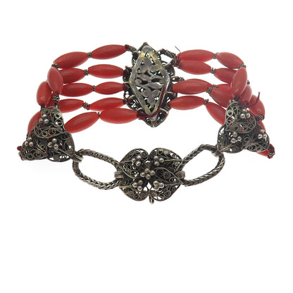 800 Silver Gold Plated Antique Victorian Real Coral Filigree Bracelet 7.25"