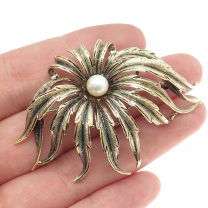 800 Silver Gold Plated Antique Art Deco Real Pearl Floral Pin Brooch