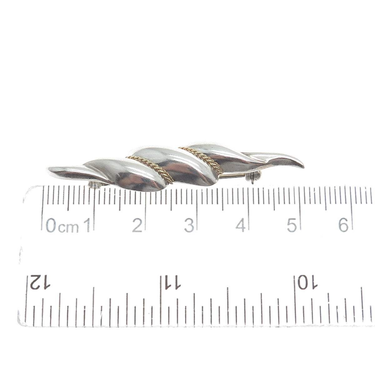 14K Yellow Gold & 925 Sterling Silver Vintage Puffy Twisted Pin Brooch