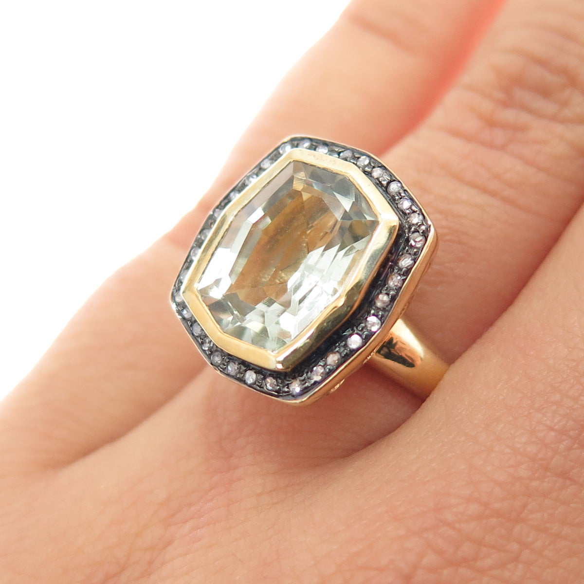 925 Sterling Silver Gold Plated Real Diamond & Green Amethyst Ring Size 5.75