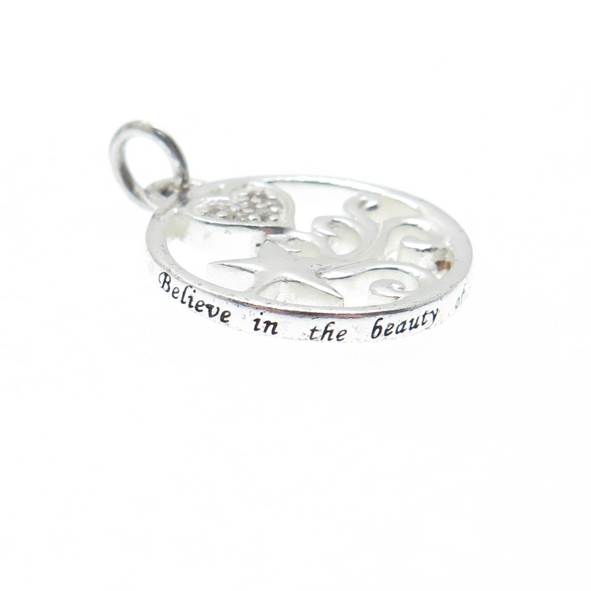 925 Sterling Silver Round-Cut C Z Heart & Falling Star Charm Pendant