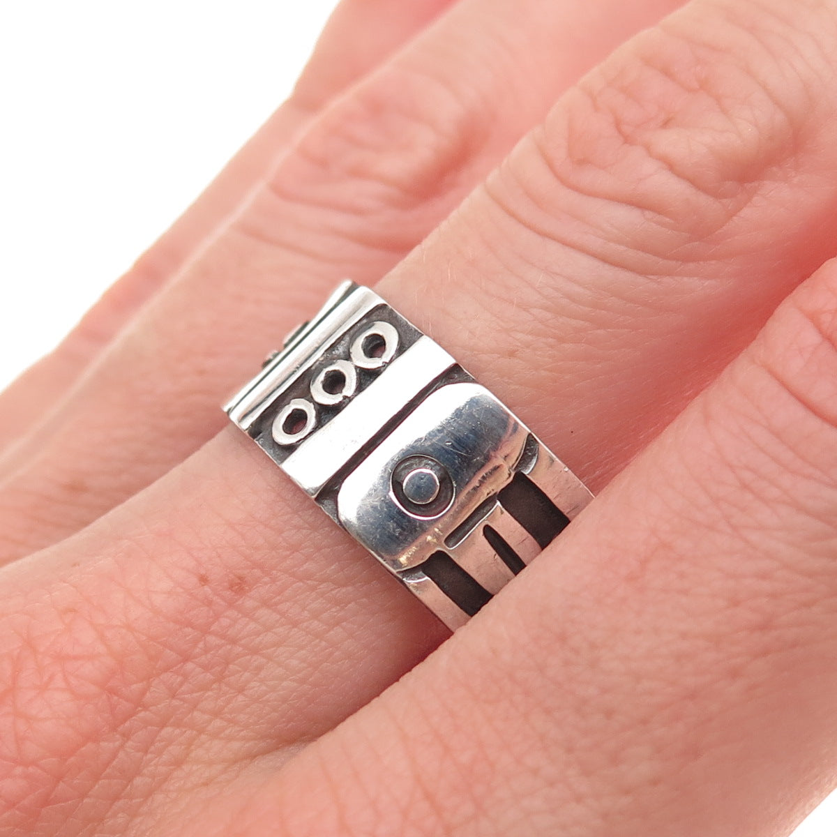 925 Sterling Silver Vintage Mexico Aztec Oxidized Wide Band Ring Size 12.25