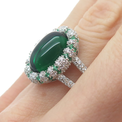 DSMK 925 Sterling Silver Cabochon Nano Emerald & C Z Ring Size 7.25